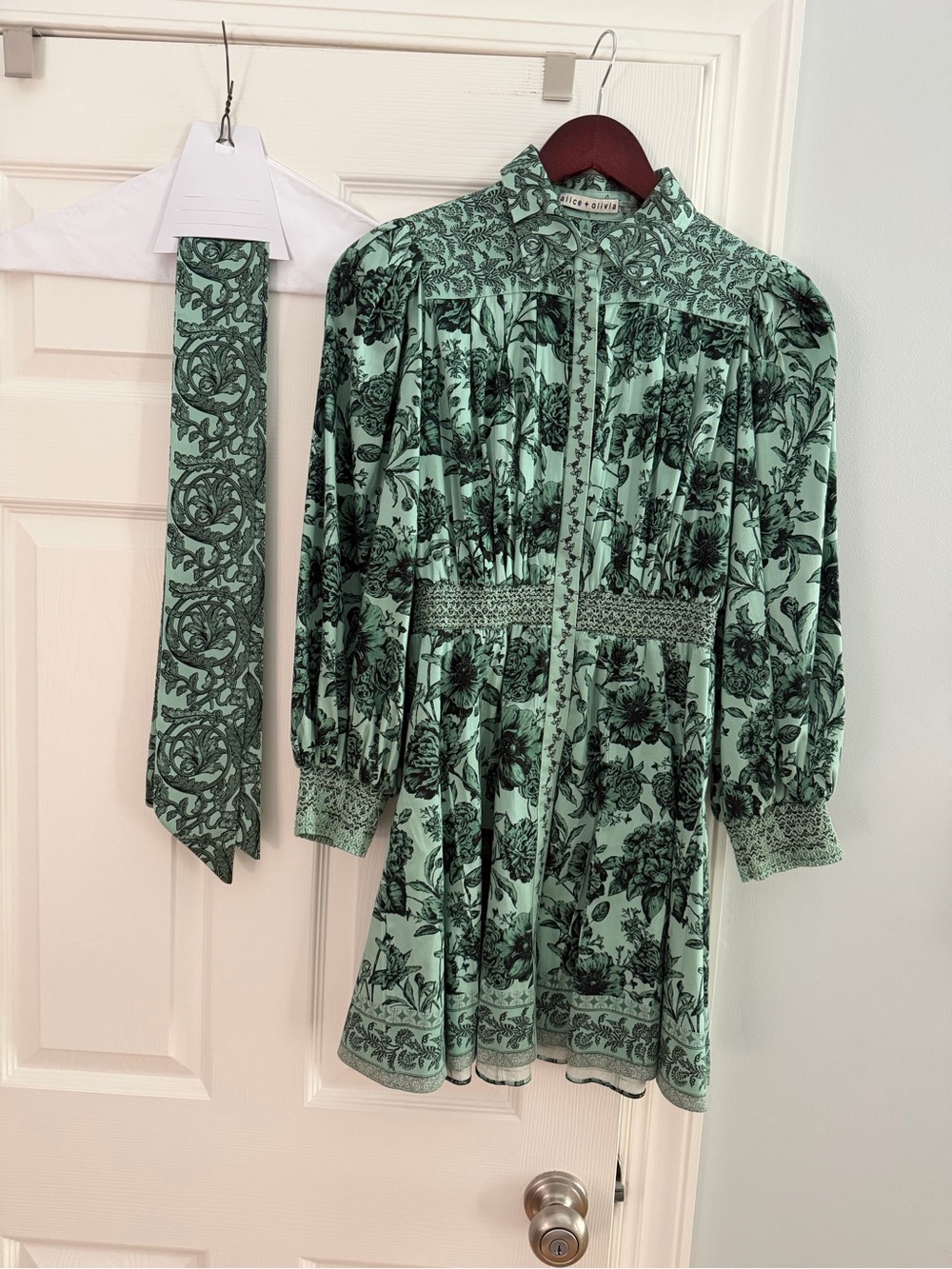 Alice + Olivia Mint Green and Black Floral Puff-Sleeve Mini Dress with Sash Belt